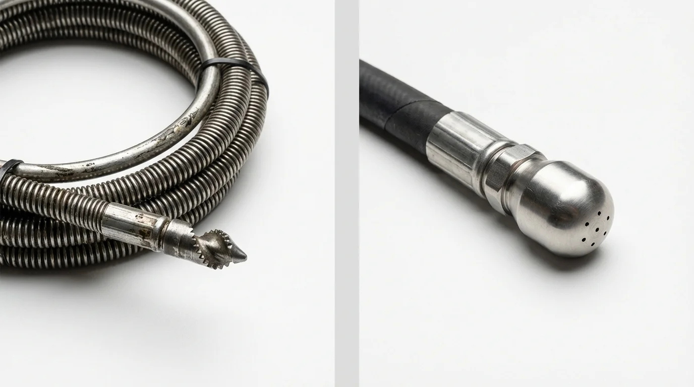 Drain snake cable and hydro jetting nozzle used for drain cleaning in Jonesville, NC