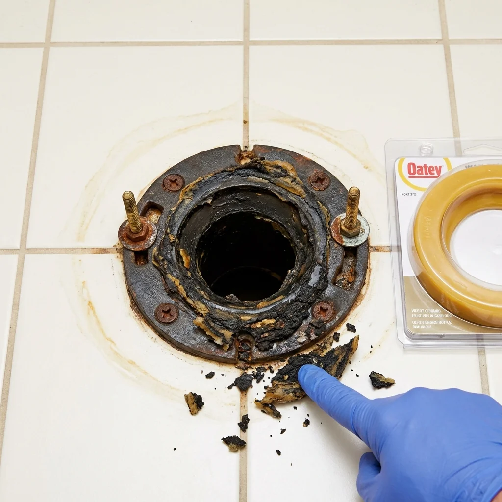Failed wax ring showing water seepage at the base of a toilet in a Jonesville, NC home