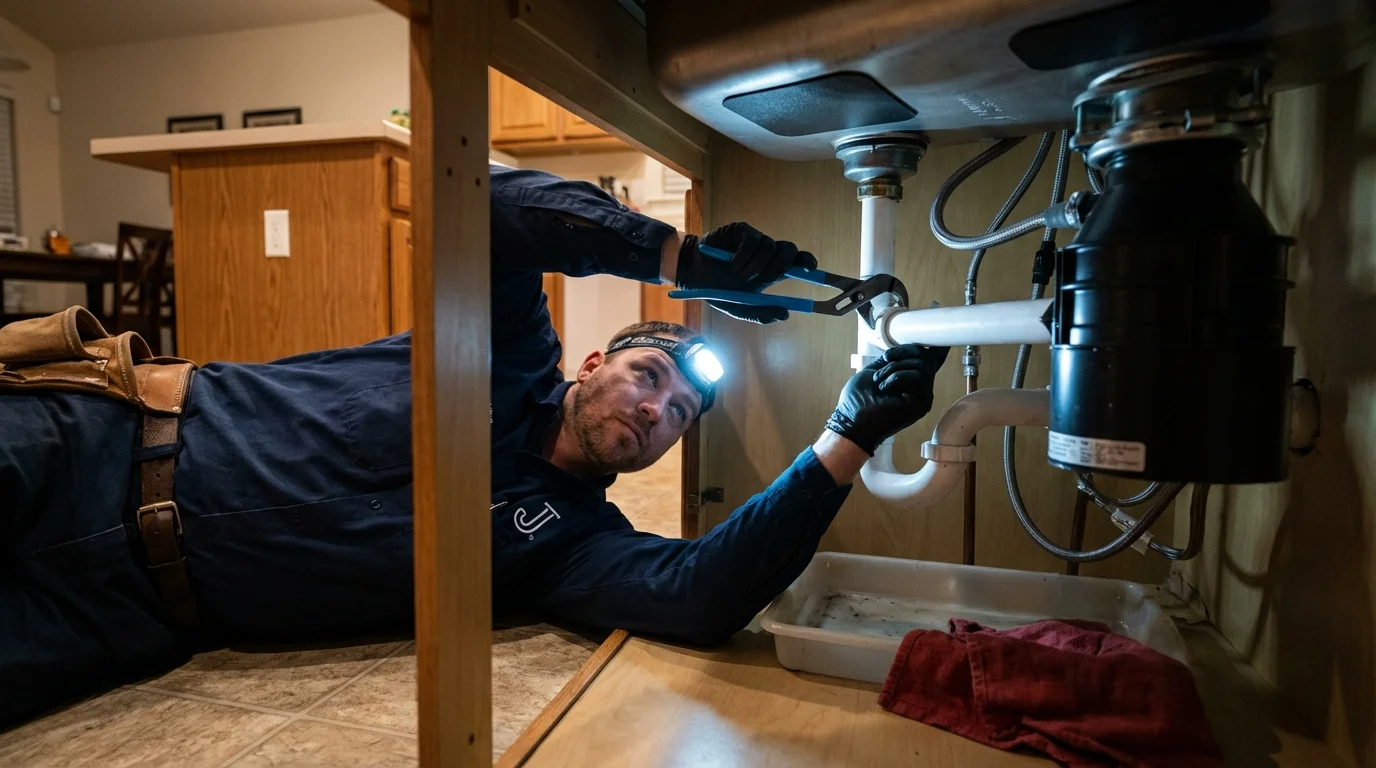 P-trap and supply line connections under a kitchen sink showing a common leak point in Jonesville, NC